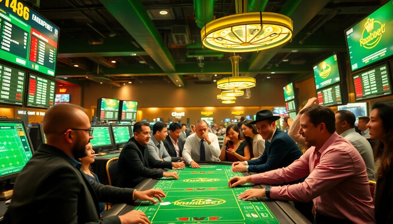 Gamblers celebrating a big win at a sports betting table featuring 'thabet' elements.