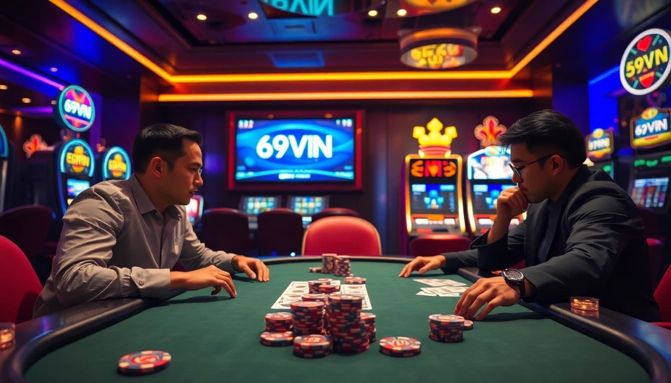 Experience thrilling poker games at 69VN online casino with vibrant decorations and exciting gameplay.