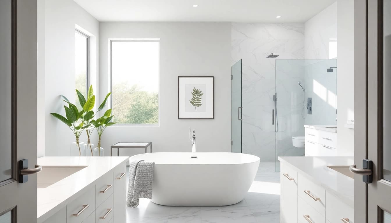 Bathroom remodeling contractor showcasing a luxurious modern bathroom with marble countertops and natural lighting.
