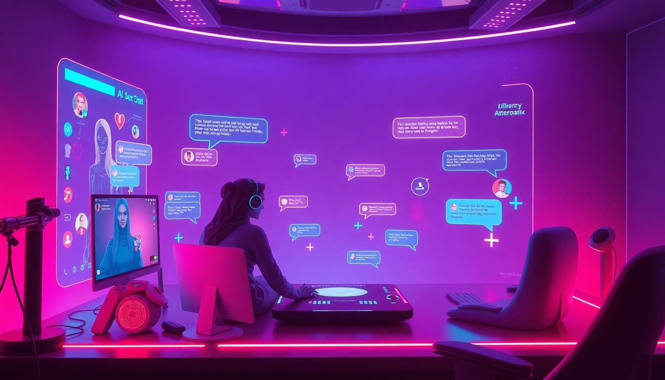 Engaging AI sex chat scene with characters in a futuristic chat interface.
