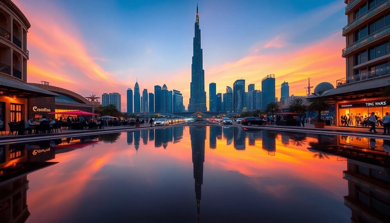 Experience the fusion of culture and modernity with travel to Dubai's iconic skyline at dusk.