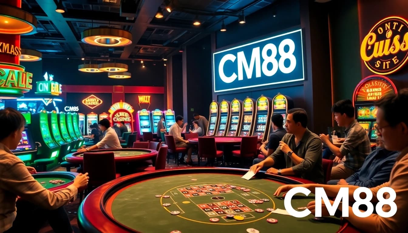 Exciting CM88 casino atmosphere featuring poker, roulette, and slot machines.