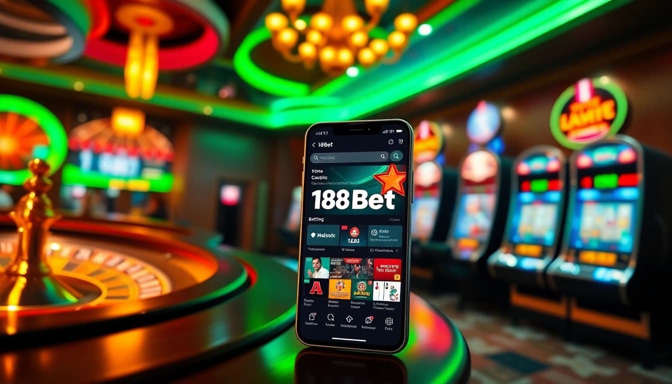 Exciting scene showcasing the 188bet app on a smartphone with vibrant casino elements highlighting online gambling.
