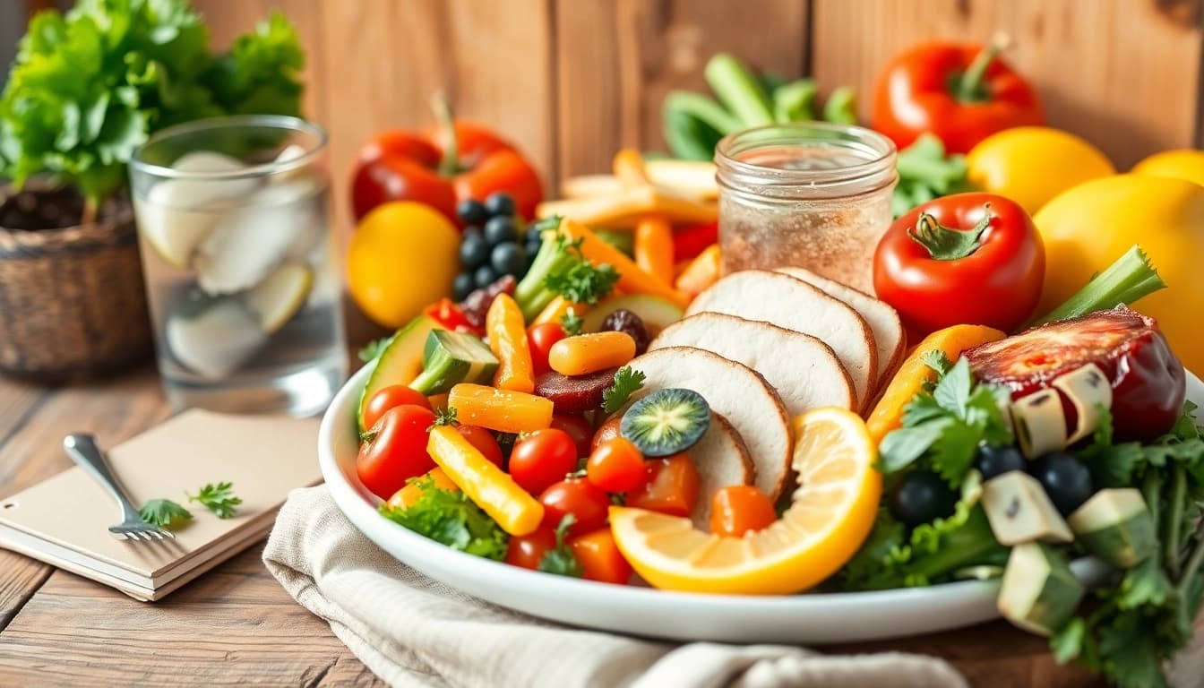 Enhance your meals with this vibrant healthy food platter featuring colorful fruits and vegetables.