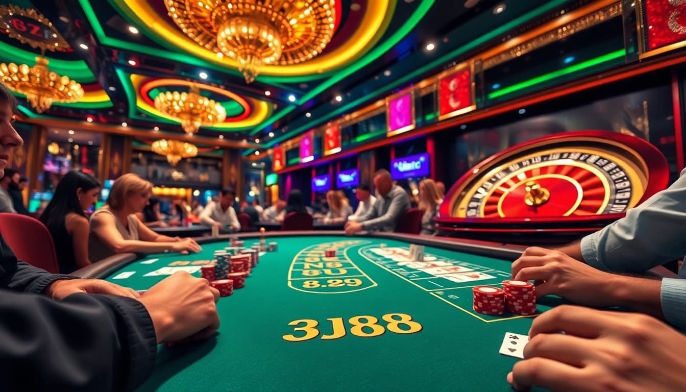 Experience the thrill of BJ88 as players engage in intense blackjack action amidst a luxurious casino ambiance filled with vivid colors and sparkling decor.