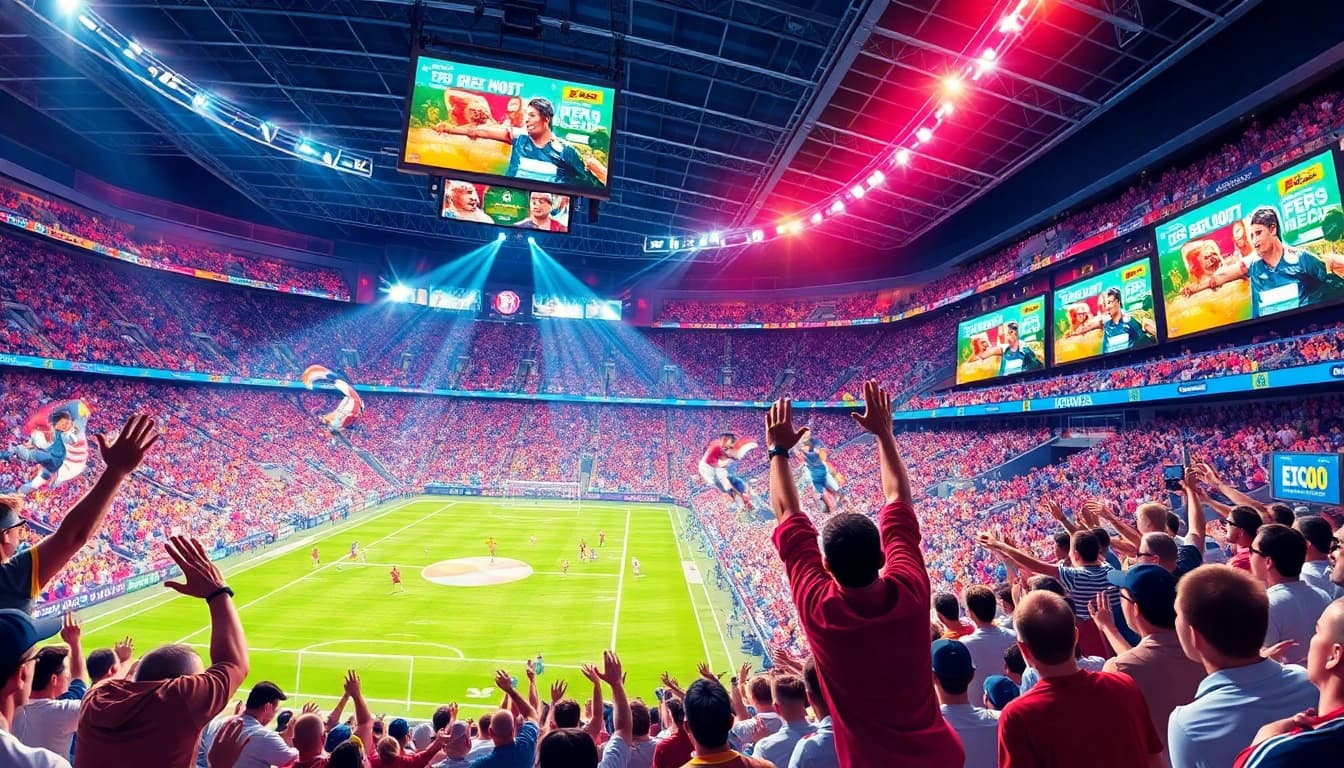 Captivating scene of Sports Broadcasting showcasing athletes in action and an energetic stadium audience.