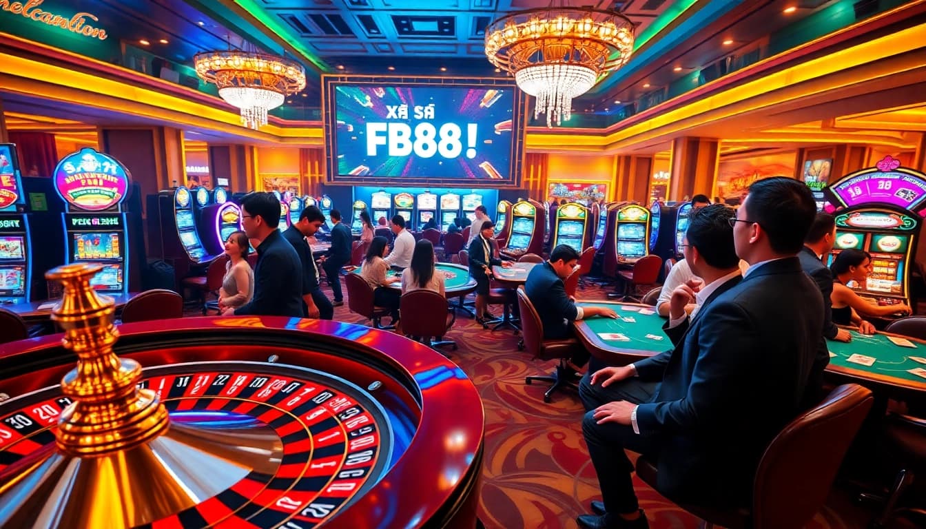 Xổ Số FB88 captivates players at a vibrant casino with roulette, poker, and slot machines.