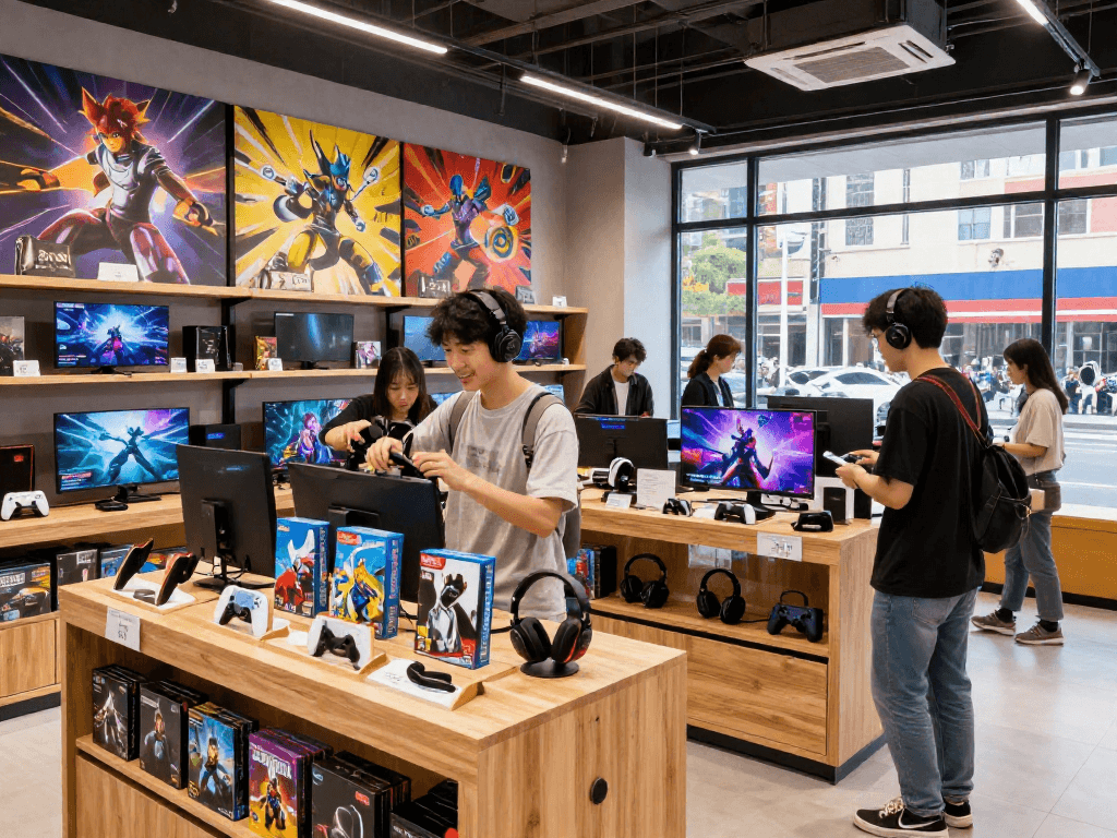 Explore rokok88 gaming store with vibrant displays and joyful gamers unboxing new titles in a modern shopping experience.