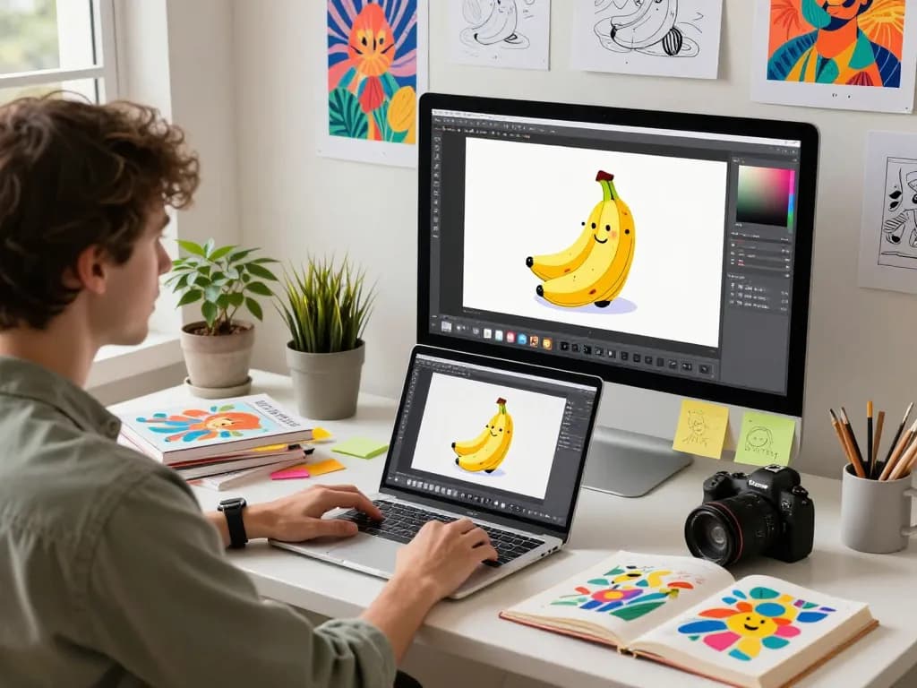 Digital artist using nano banana ai in a vibrant creative workspace, generating stunning visuals.