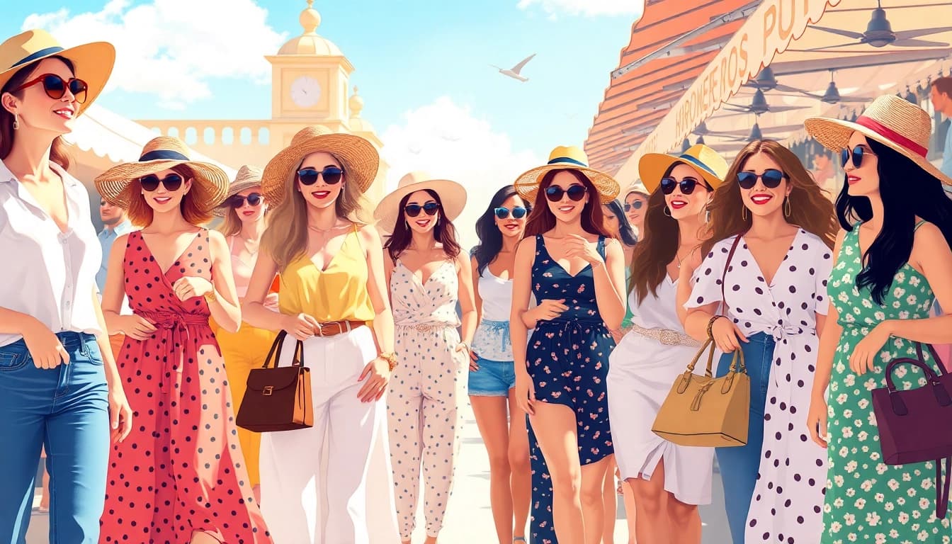 Women fashion trends showcased by a diverse group in stylish outfits at a market.