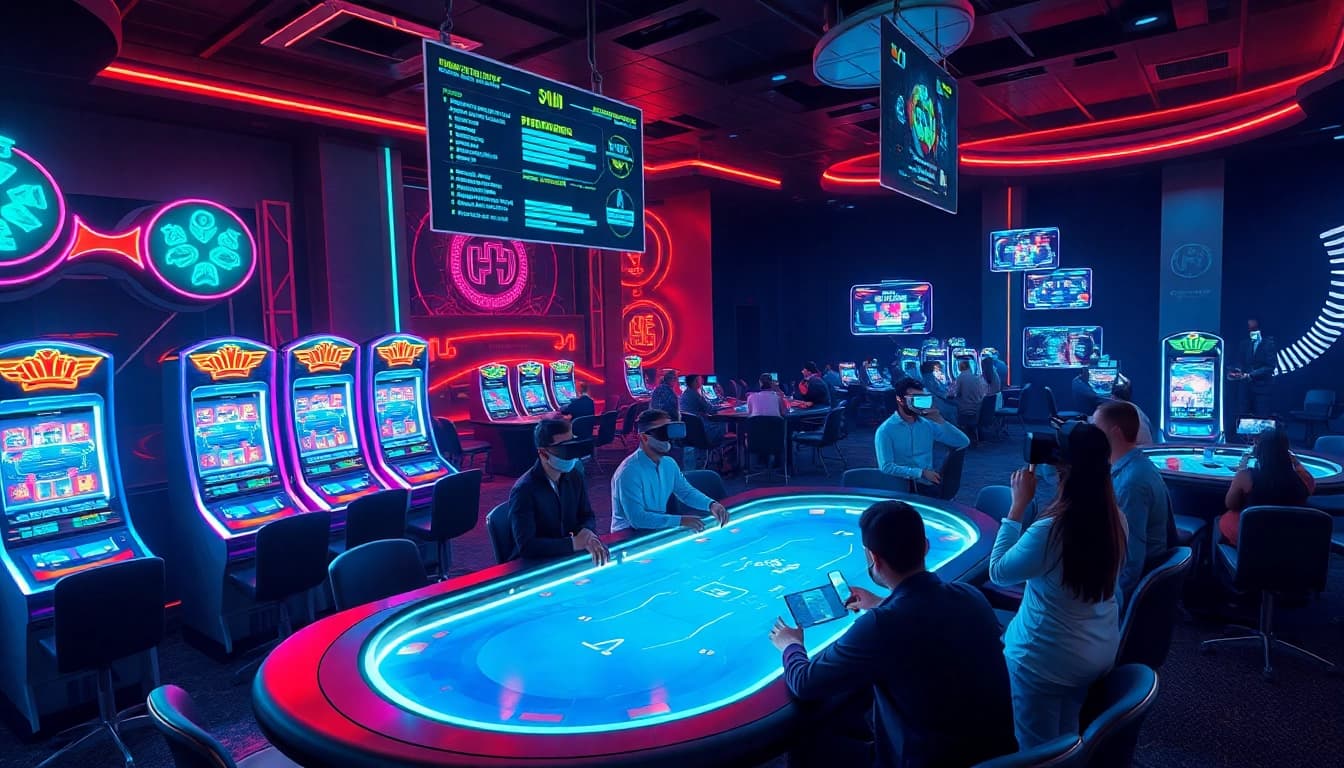 Explore new technology in a vibrant casino setting with holographic slot machines and VR poker players.