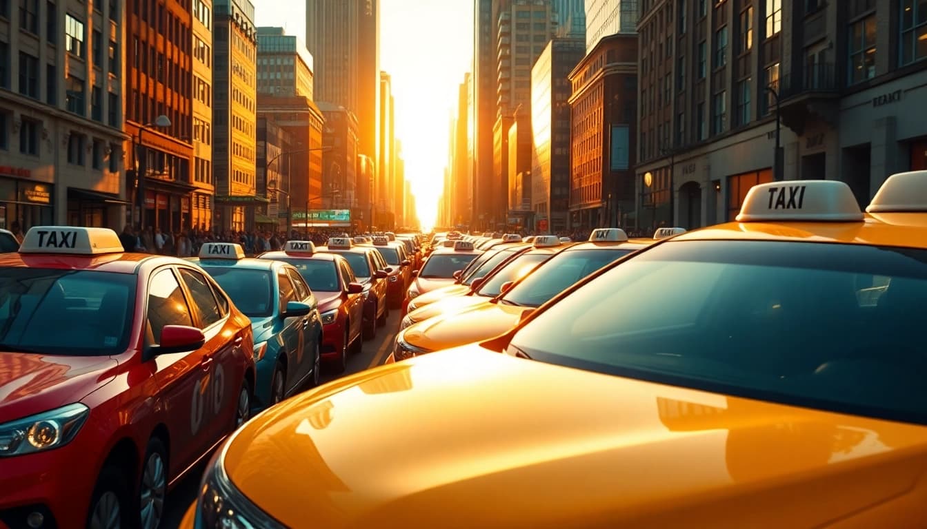 Taxis parked on a bustling city street illuminated by warm sunset light.