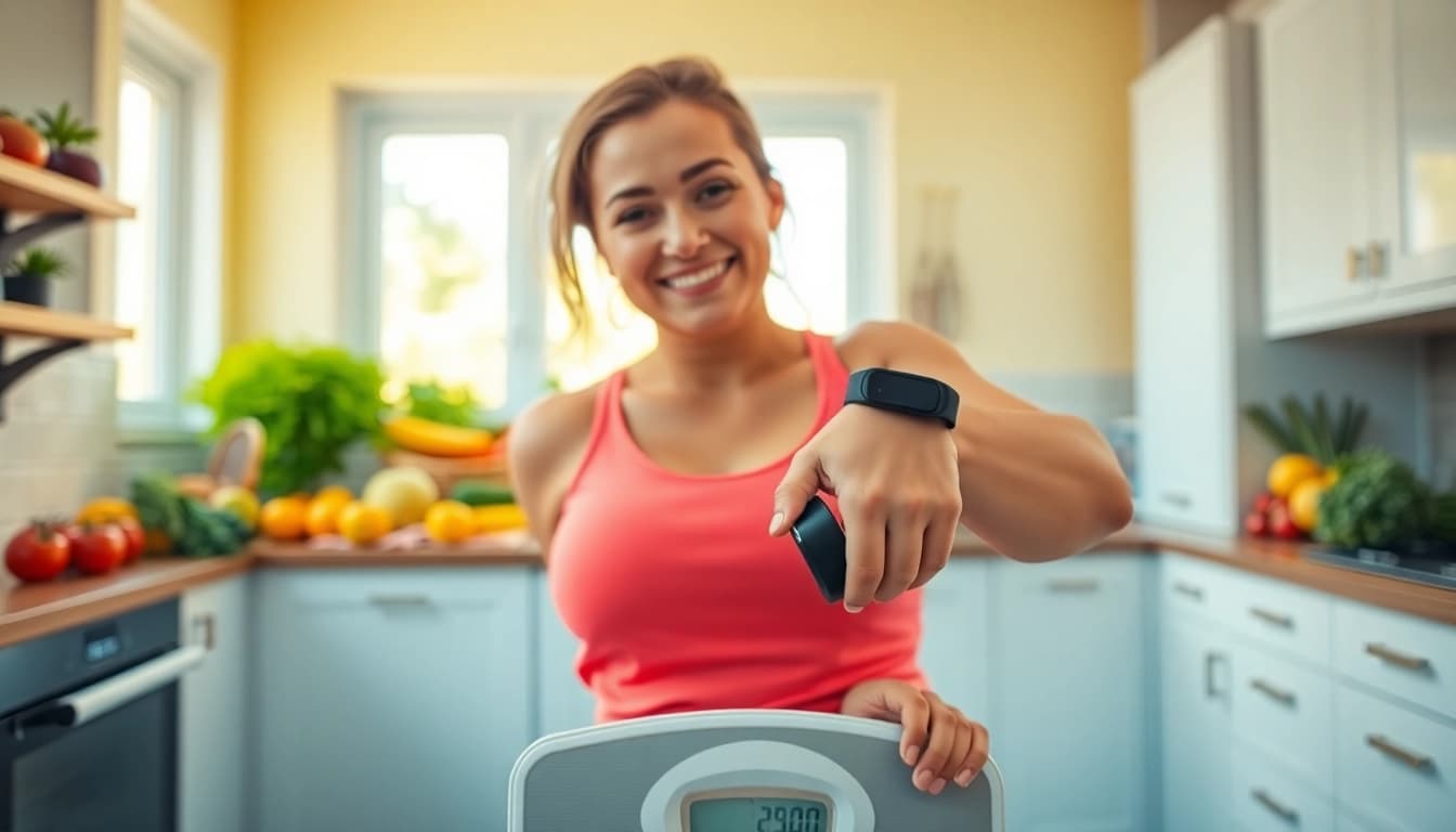 Celebrate your weight loss success with a vibrant kitchen scene featuring fresh veggies and a scale.