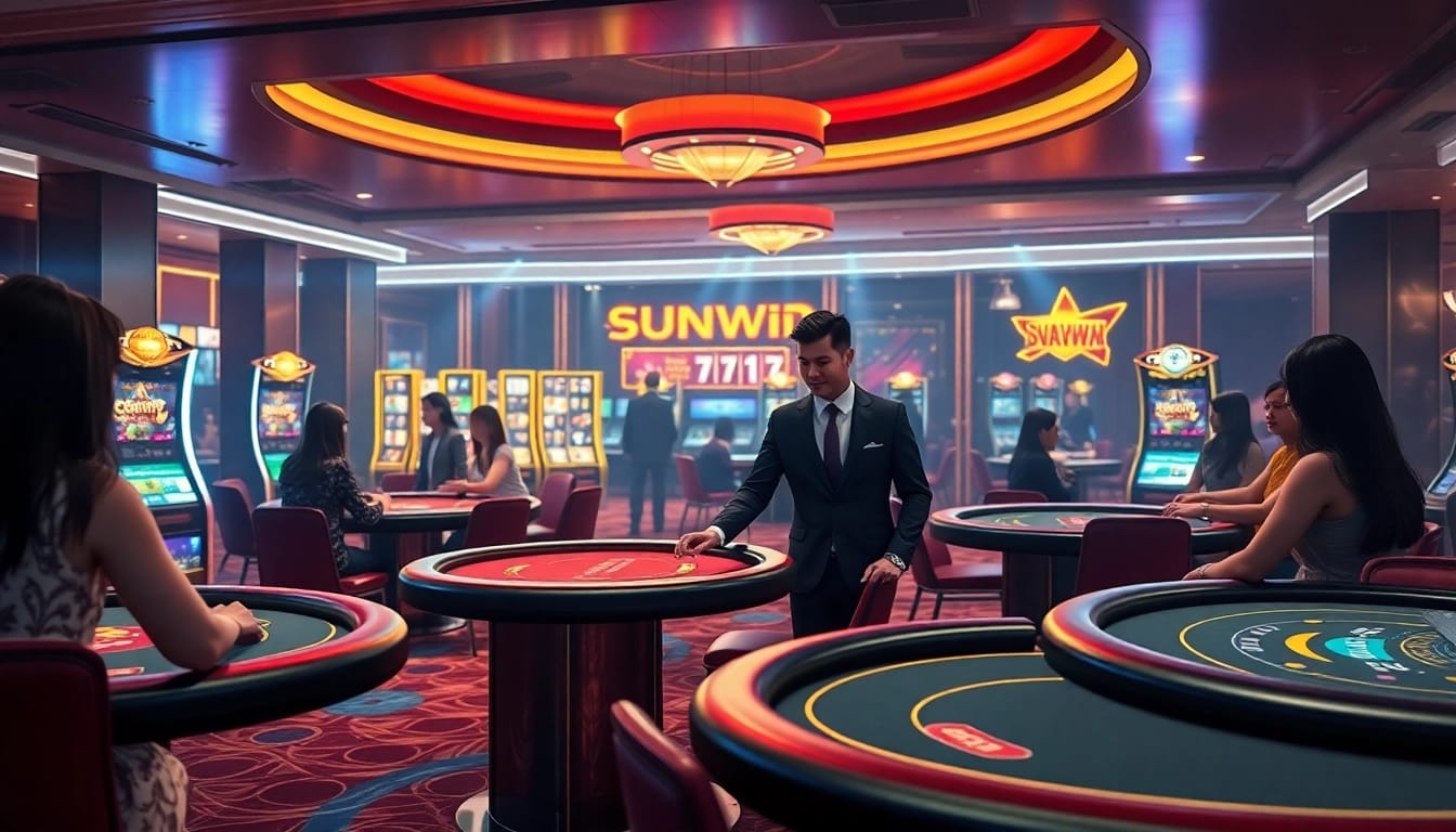 Exciting SUNWIN casino scene featuring vibrant gaming tables and players engaged in action.