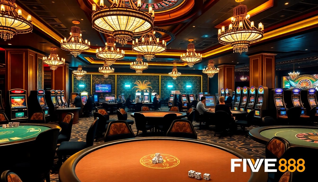 Experience the excitement of FIVE88 with a luxurious casino ambiance, showcasing poker tables and slot machines.