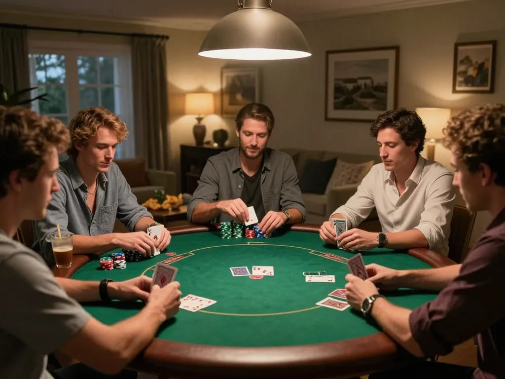 Hitclub players enjoy a friendly poker night with warm lighting, snacks, and strategic gameplay.