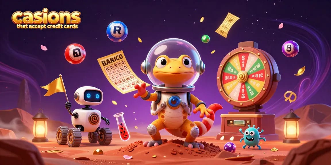 Engaging scene with a Martian gecko finding a golden casino, illustrating casinos that accept credit cards.