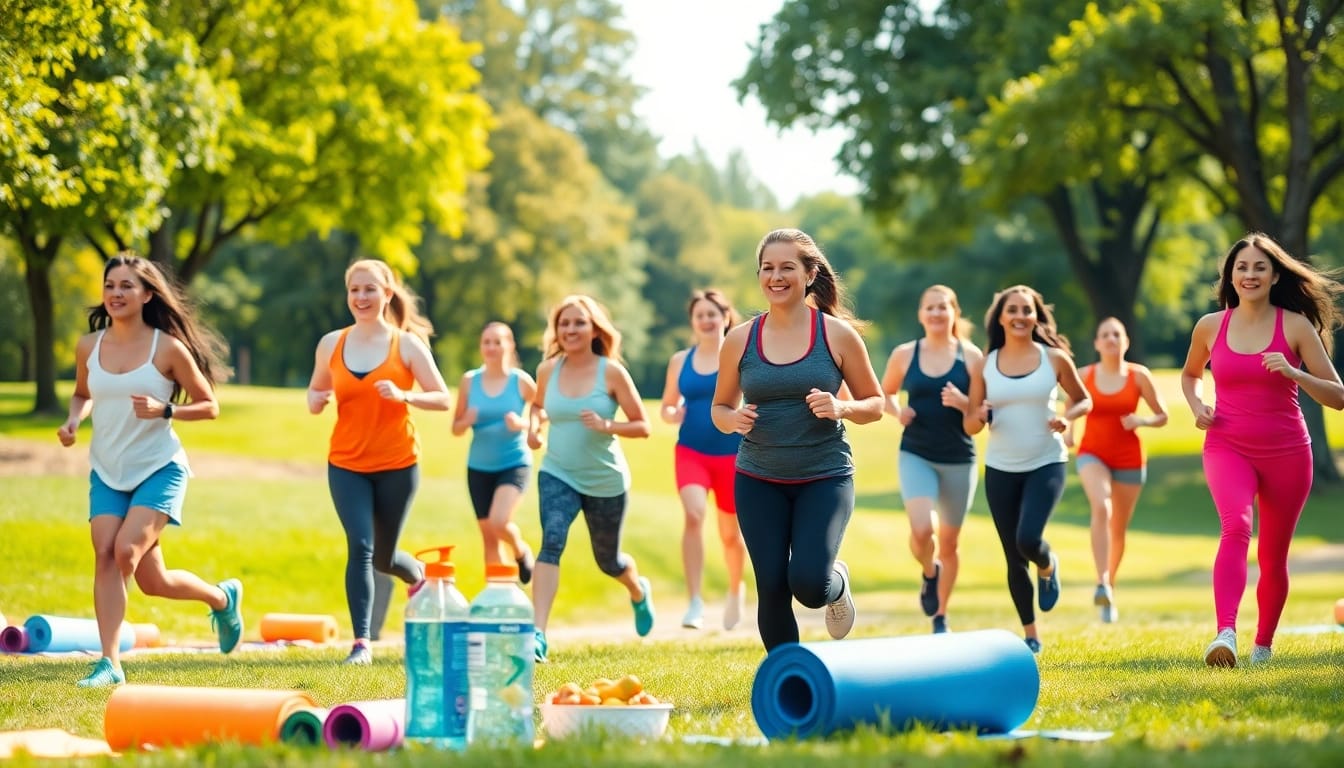 People engaged in various fitness activities showcasing successful weight loss efforts in a park.