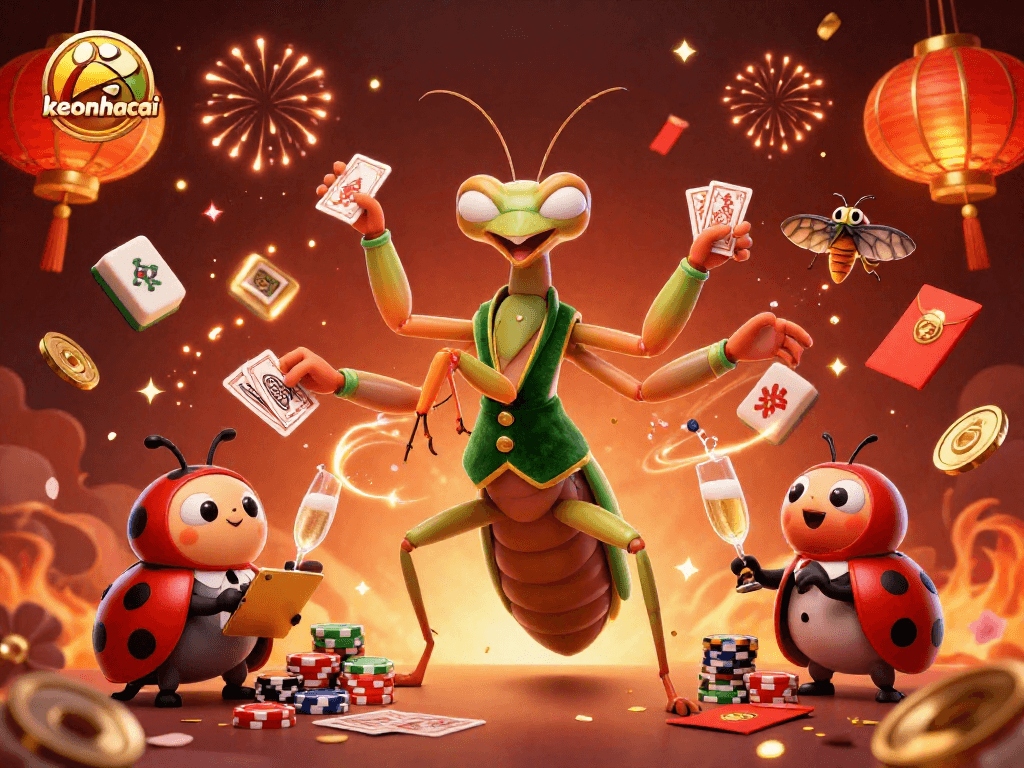 Experience the excitement of keonhacai with a vibrant 3D illustration featuring casino characters and elements.