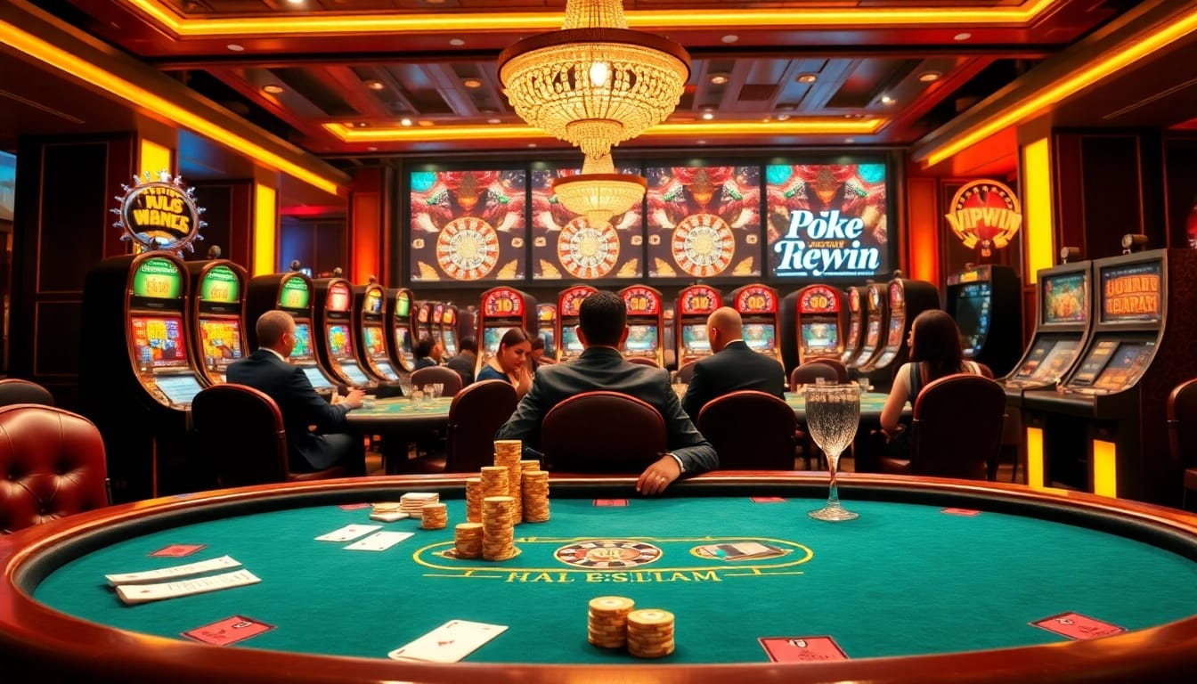 Exciting gameplay at Vipwin casino with luxurious poker tables, roulette wheels, and vibrant atmosphere.