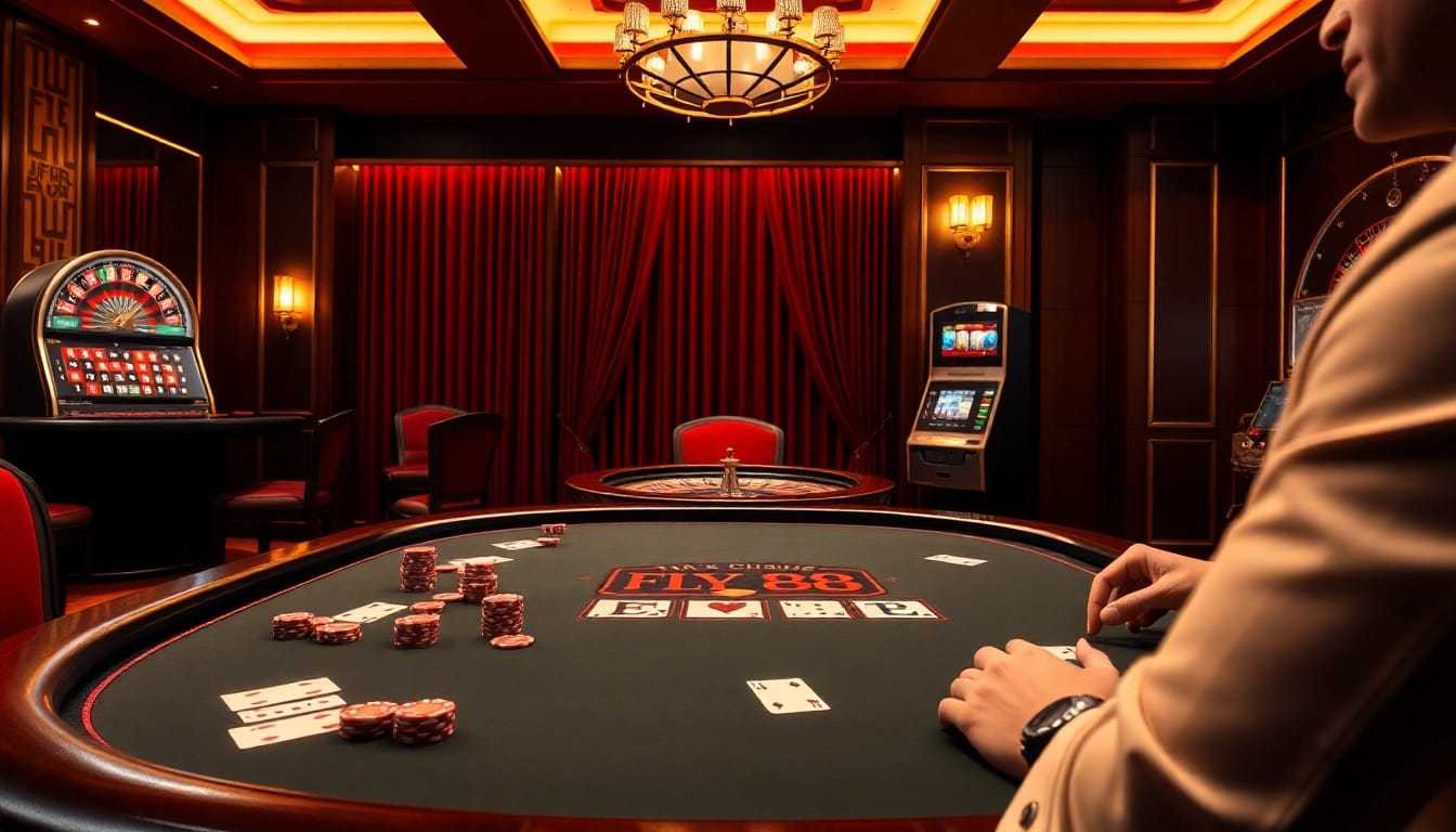Experience FLY 88 with an elegant poker table ready for high-stakes action and thrilling gameplay.