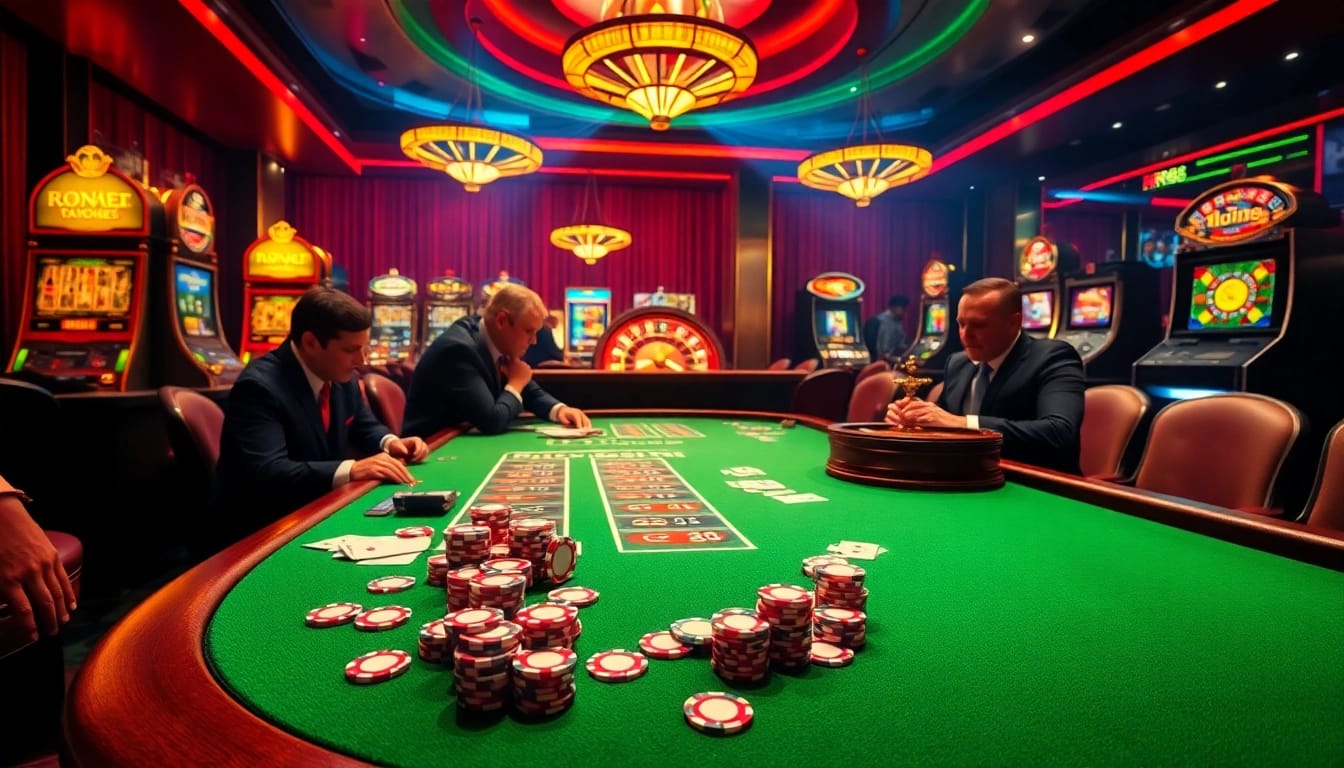 Experience the excitement at RR88 link with a vibrant casino table, roulette wheel, and slot machines.