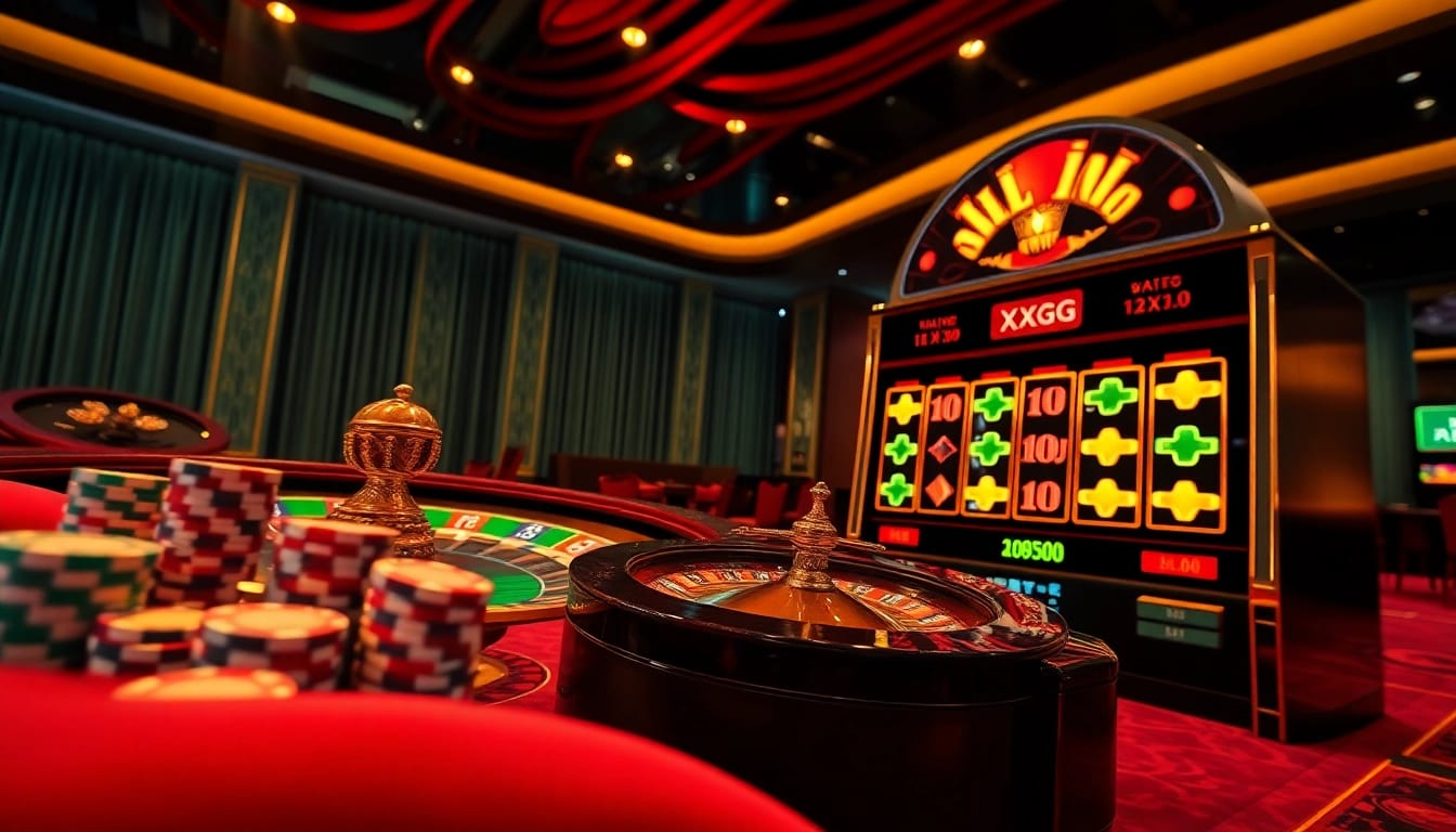 Engage with Plataforma XXGG at a luxurious virtual casino featuring vivid poker chips and roulette.