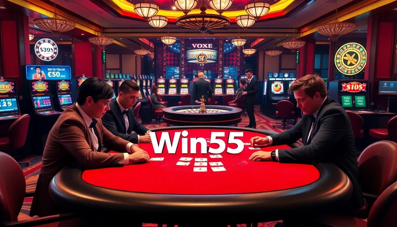Win55 players strategizing at an upscale poker table in a luxurious casino atmosphere.