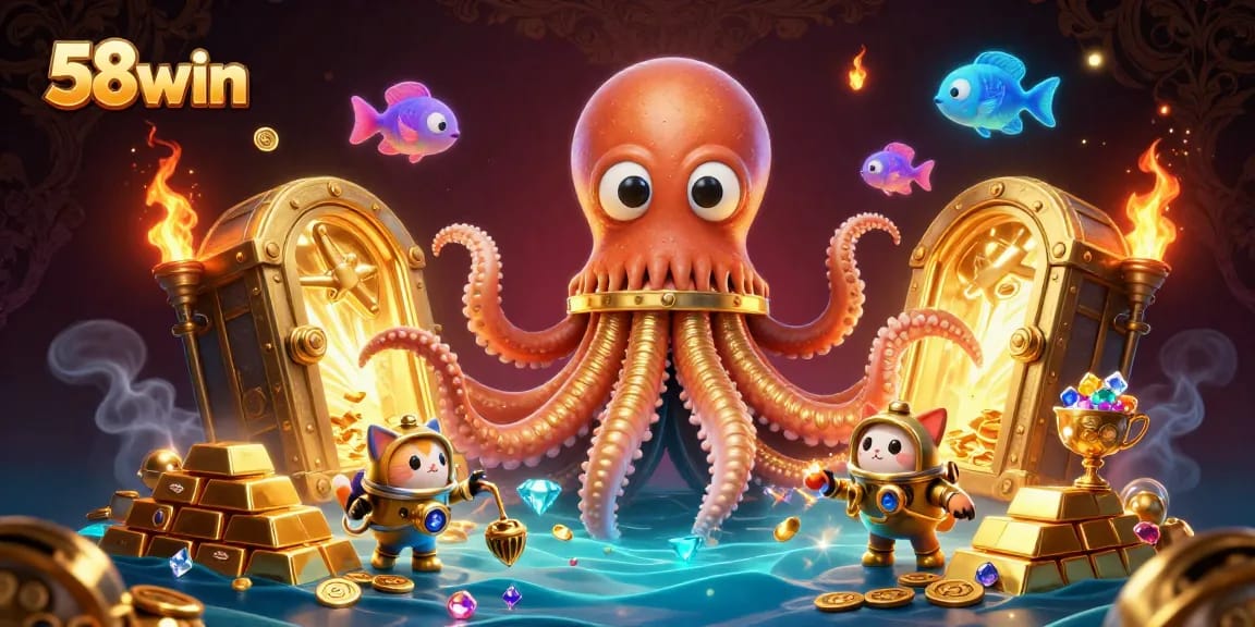 Engage with thrilling 58win adventures featuring an impressive kraken and diving cat in a casino-themed treasure scene.