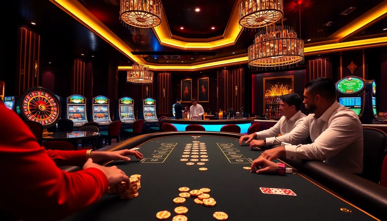 Players enjoying a high-stakes poker game at new88 casino, surrounded by luxurious decor and vibrant atmosphere.