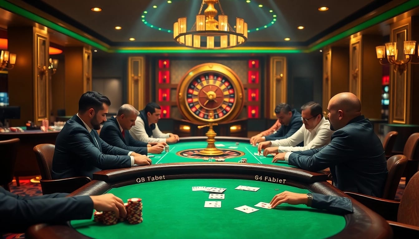 Engage with fabet strategies at an exciting poker table surrounded by vibrant casino elements.