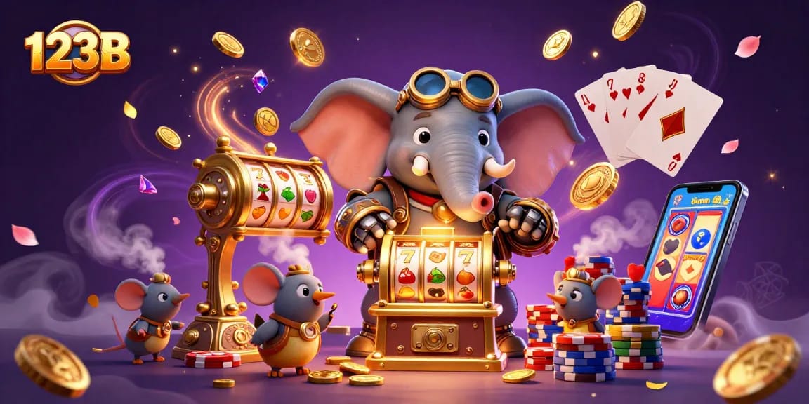 Experience the excitement of 123B casino with steampunk characters winning at slots amidst cascading gold coins.