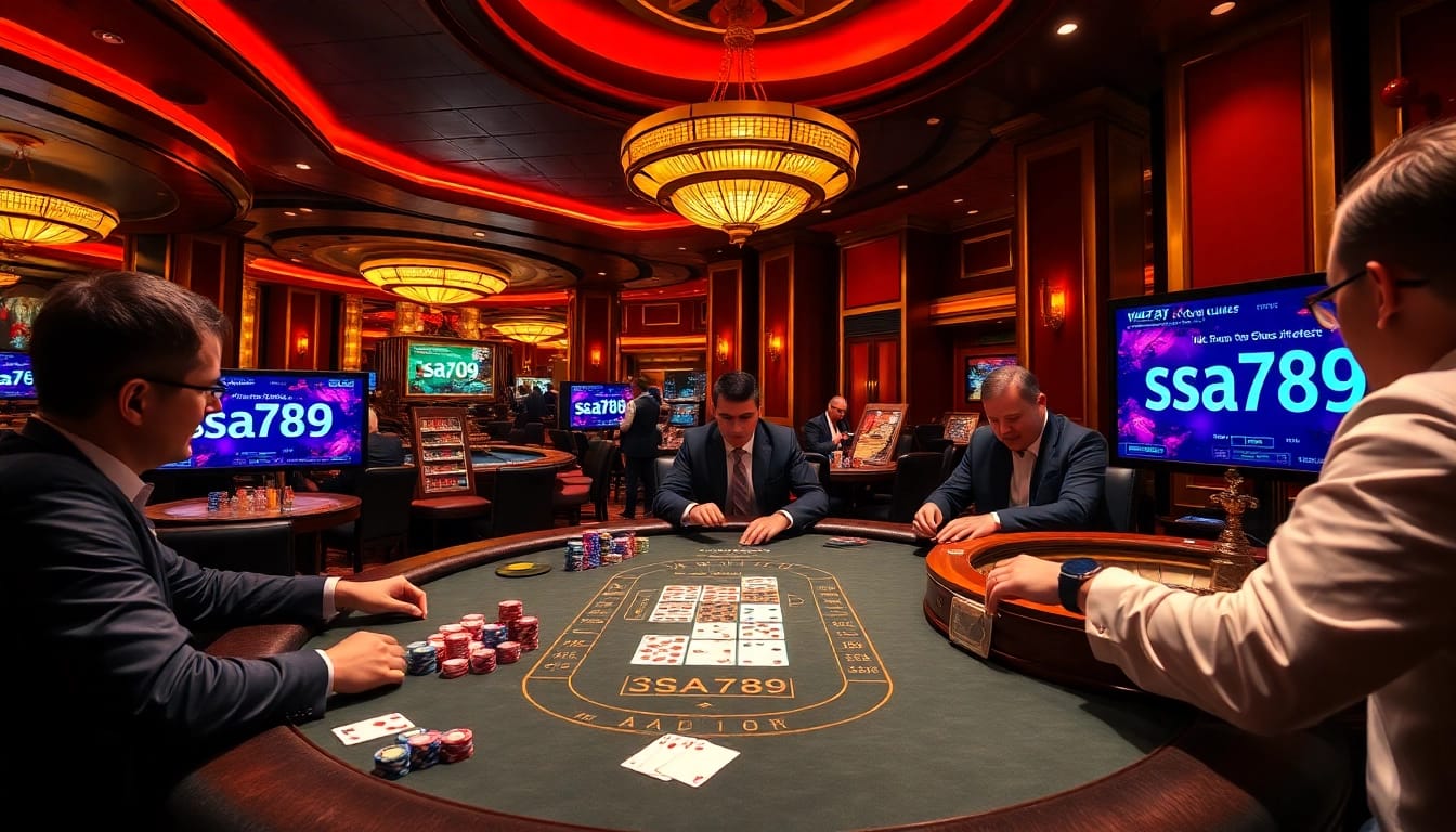 Players engage in high-stakes poker at a vibrant casino scene featuring sao789, showcasing excitement and luxury.
