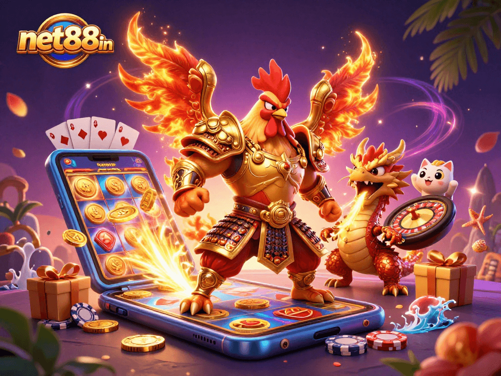 Experience the excitement of net88in with vibrant gaming characters and casino elements.