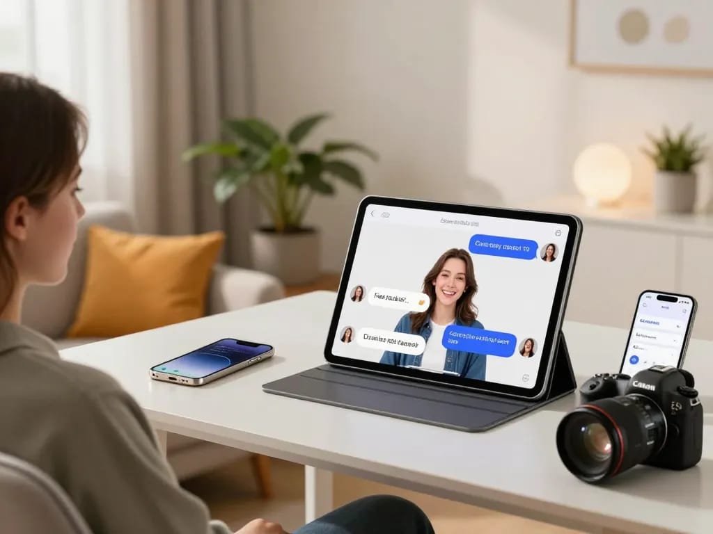 User engaged in an interactive conversation with sex chat AI on a sleek tablet in a cozy workspace.