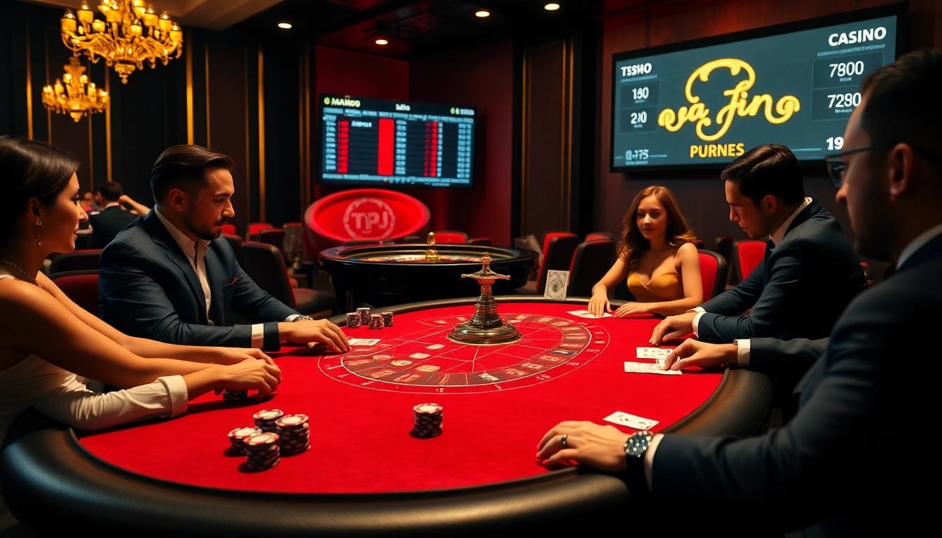 Engaging poker players and a glowing roulette wheel embodying TPJ's modern gambling excellence.