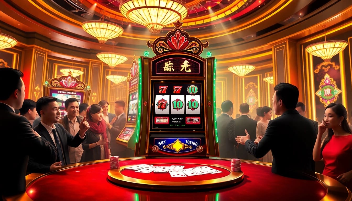 Experience thrilling nổ hũ gameplay in a luxurious casino with colorful slot machines and enthusiastic players.