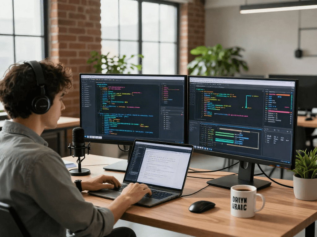Innovative tech workspace showcasing juicy ai development with vibrant algorithms and a focused engineer.