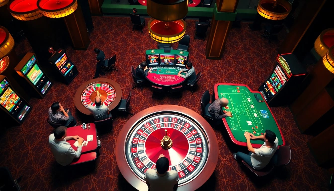 A thrilling casino scene illustrating players engaged with roulette and blackjack, depicting the excitement of winning at https://dabet.design/.