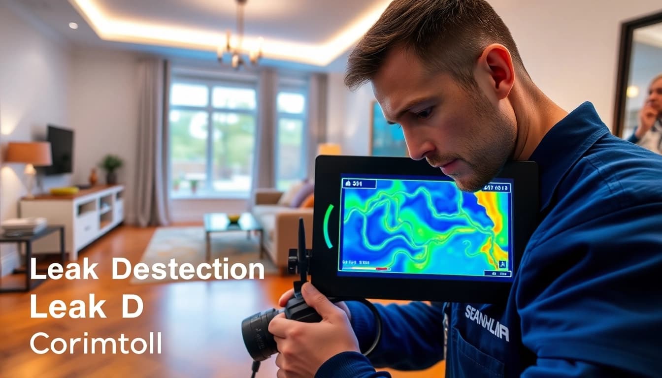 Technician performing Leak Detection Cornwall using thermal imaging technology in a modern home.