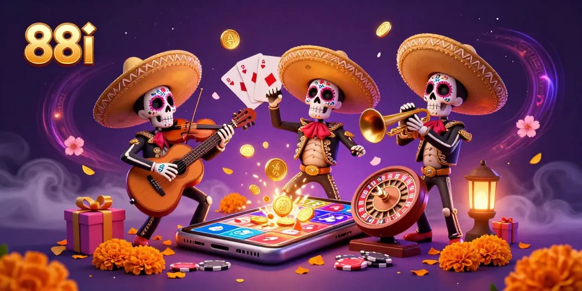 Experience the thrill of 88i with a vibrant 3D mariachi band surrounding colorful casino game elements.