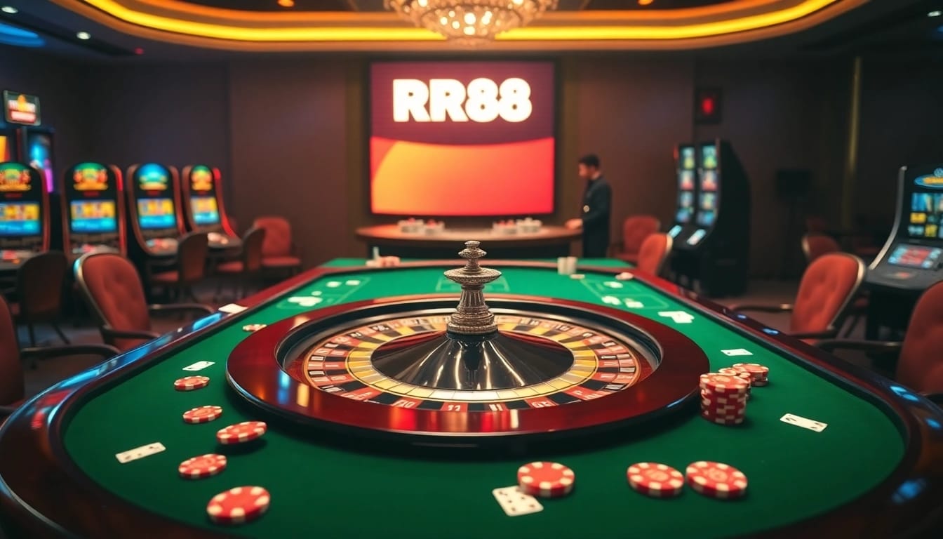 Engaging RR88 roulette table scene featuring poker chips and playing cards.