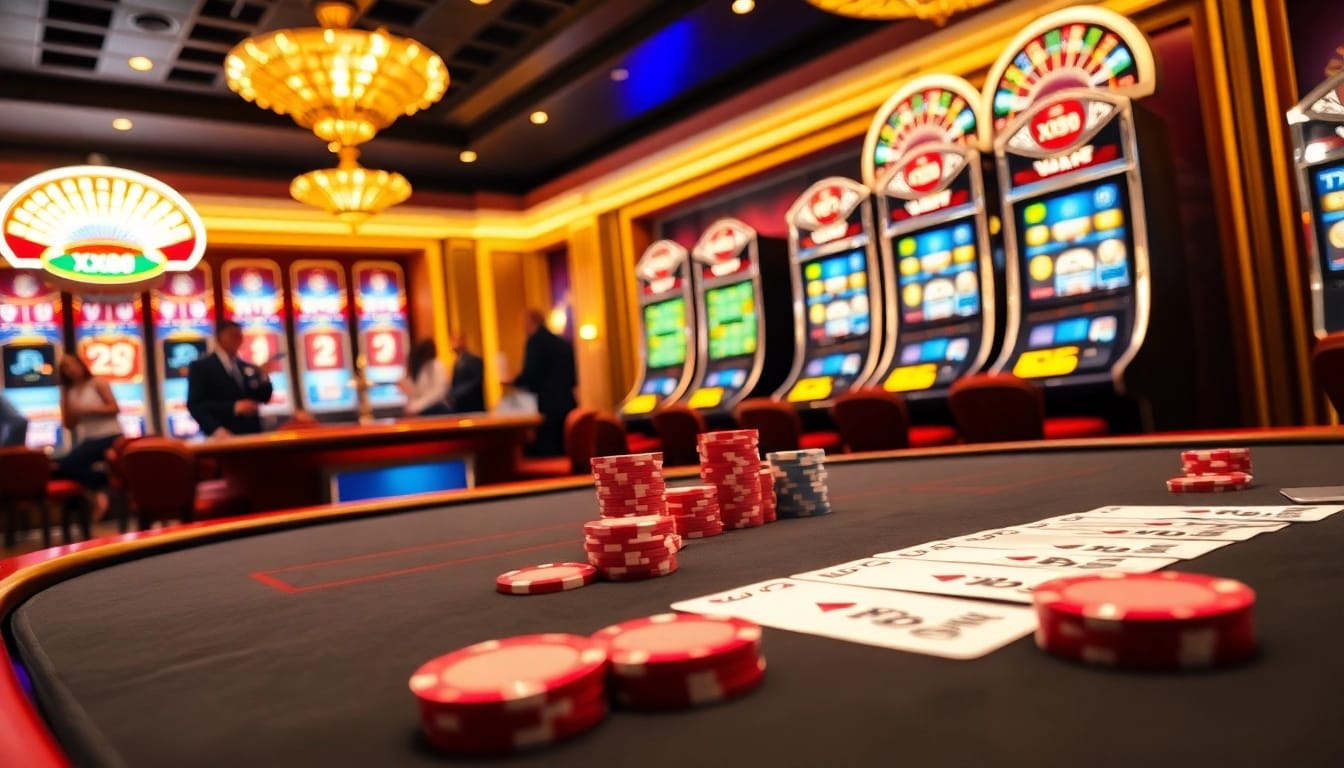 Players engaging at a vibrant poker table in a luxurious XX88 casino setting.