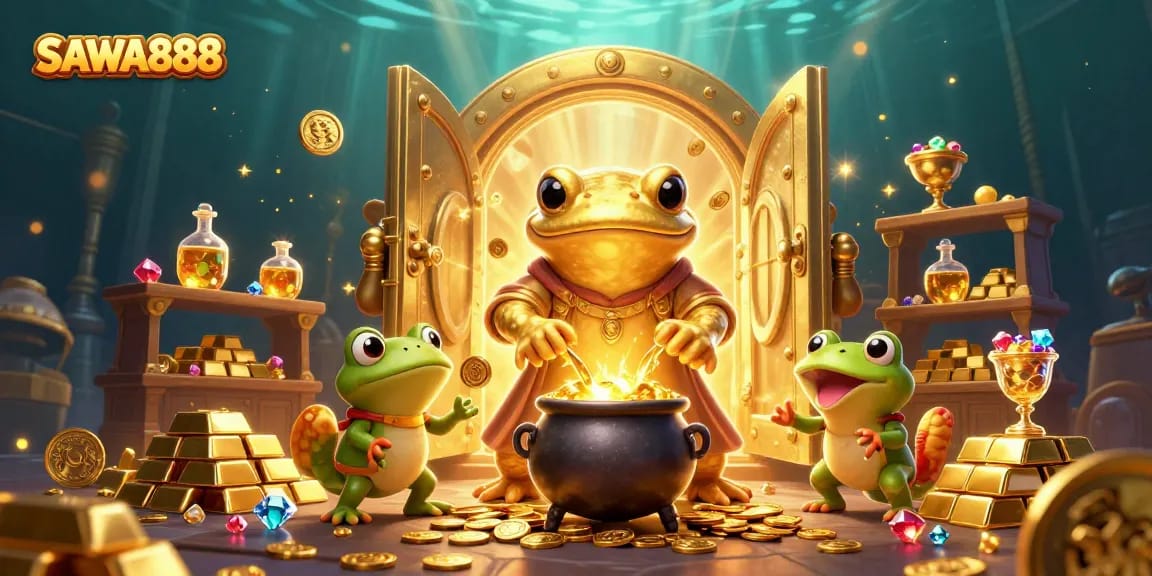 SAWA888 showcases an animated scene of a golden salamander alchemist mixing gold, symbolizing wealth in gambling.