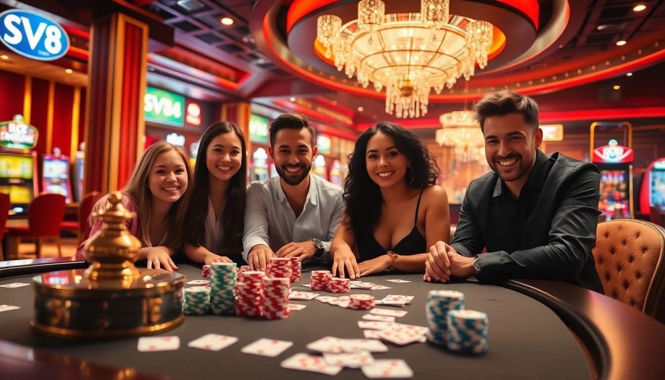 Exciting SV88 casino scene with diverse gamblers, vibrant cards, and roulette.