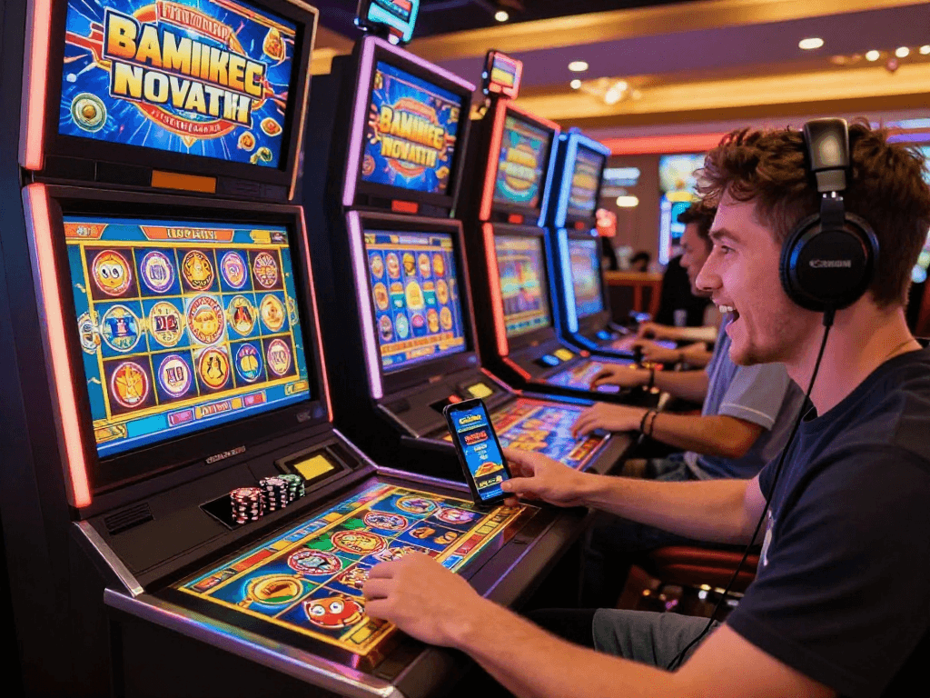 Excited player engaging with new games at casinos not on gamstop, modern gaming setup with vibrant slot machines.