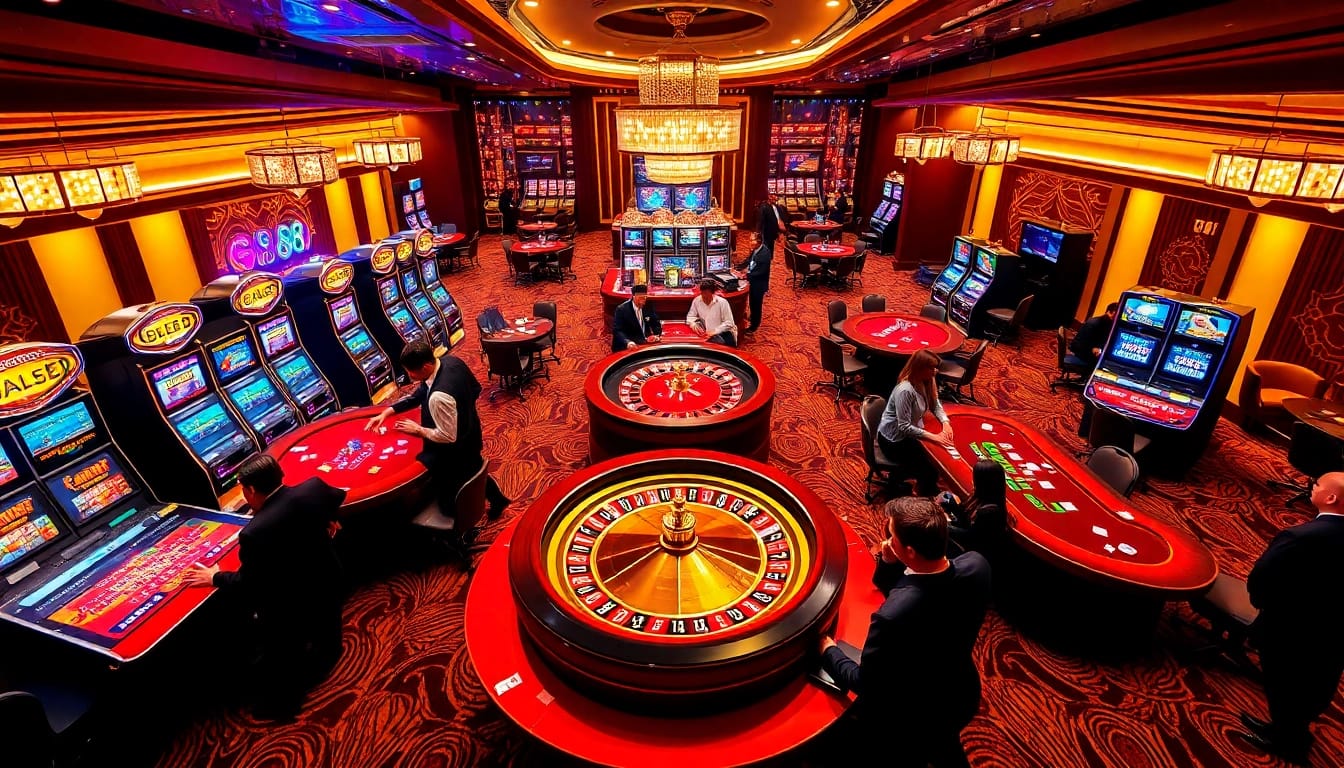 Players enjoying a luxurious GG88 casino experience with vibrant slot machines and poker tables.