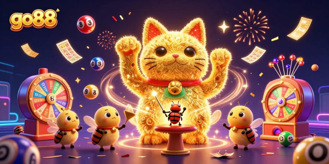 Experience excitement with go88's lucky cat amidst vibrant casino symbols and dynamic elements.