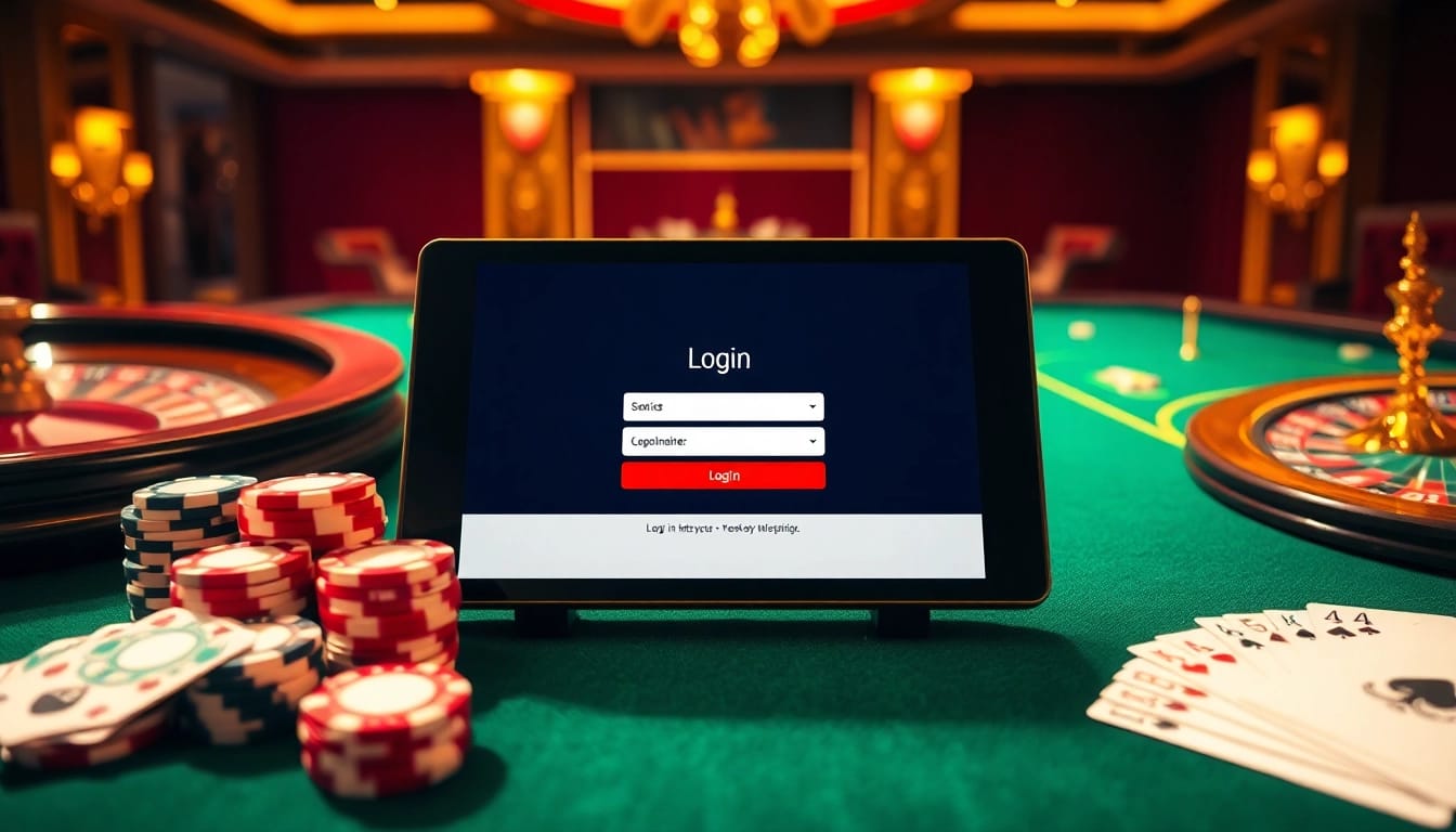 Login interface surrounded by glamorous casino elements like poker chips and roulette wheels.