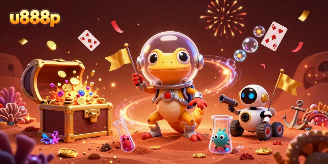 Experience the excitement of gambling at u888p with an engaging Martian casino adventure illustration.